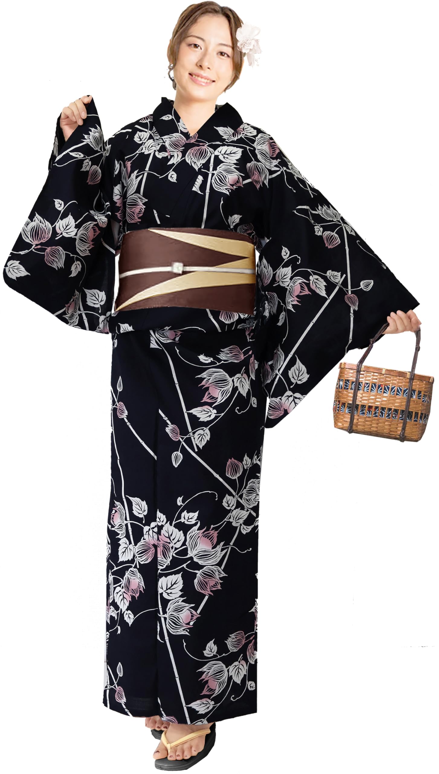 浴衣4点セット◆古典花柄浴衣✖️リバーシブル半幅帯✖️天然石帯留✖️真田紐 Amazon | [dear-japan]浴衣 2点セット 紺 ボタニカル 花柄 半幅